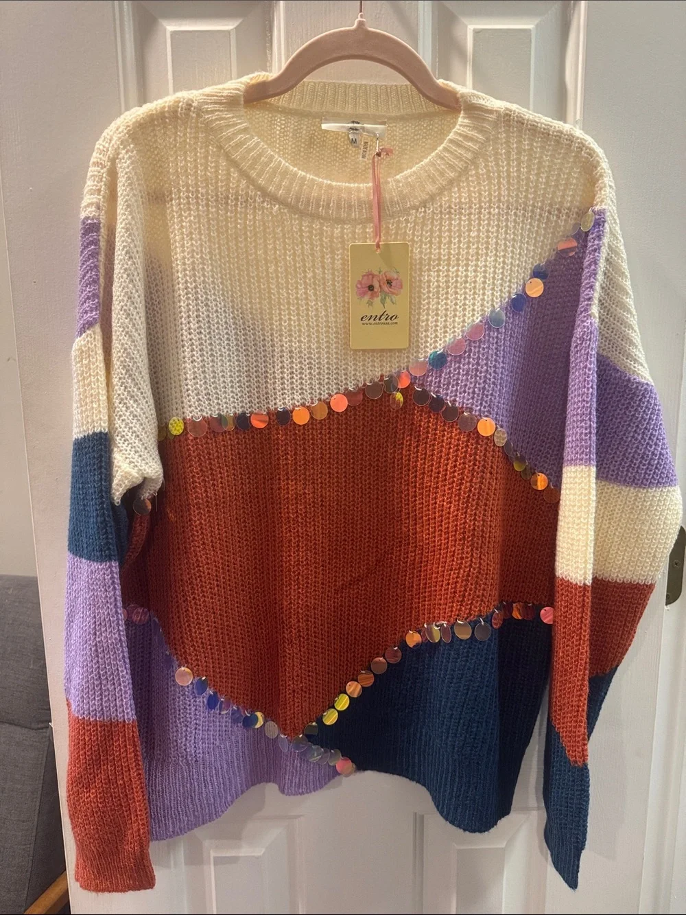 NWT Entro Lightweight Colorblock Sequin Trim Crewneck Sweater
